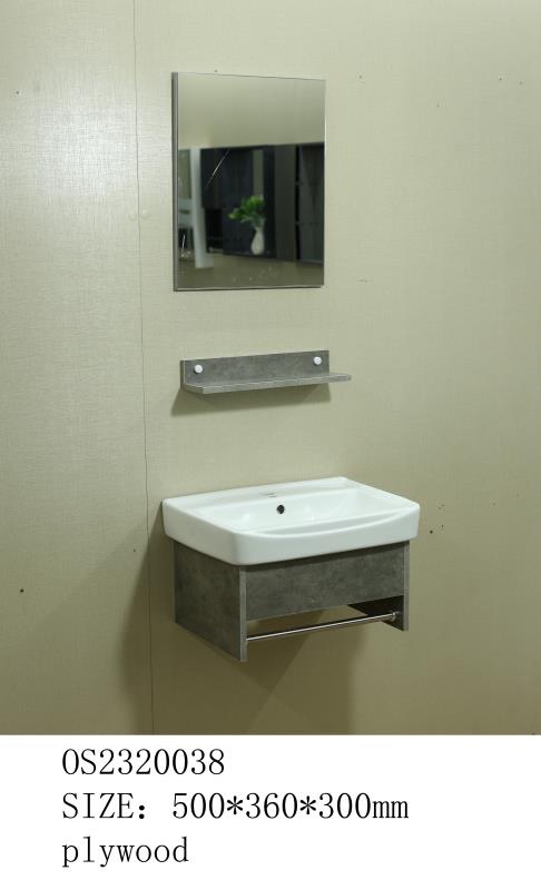 مغسله خشب رمادي غامق تعليق OS2320038 حوض سراميك علاقه استيل مع مرايا  ورف 50*36سم