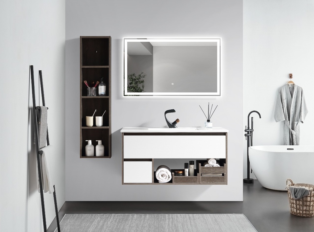 مغسلة  دولاب خشب موديل OS2320050  لون أبيض + رمادي ومراية ليد 100سم