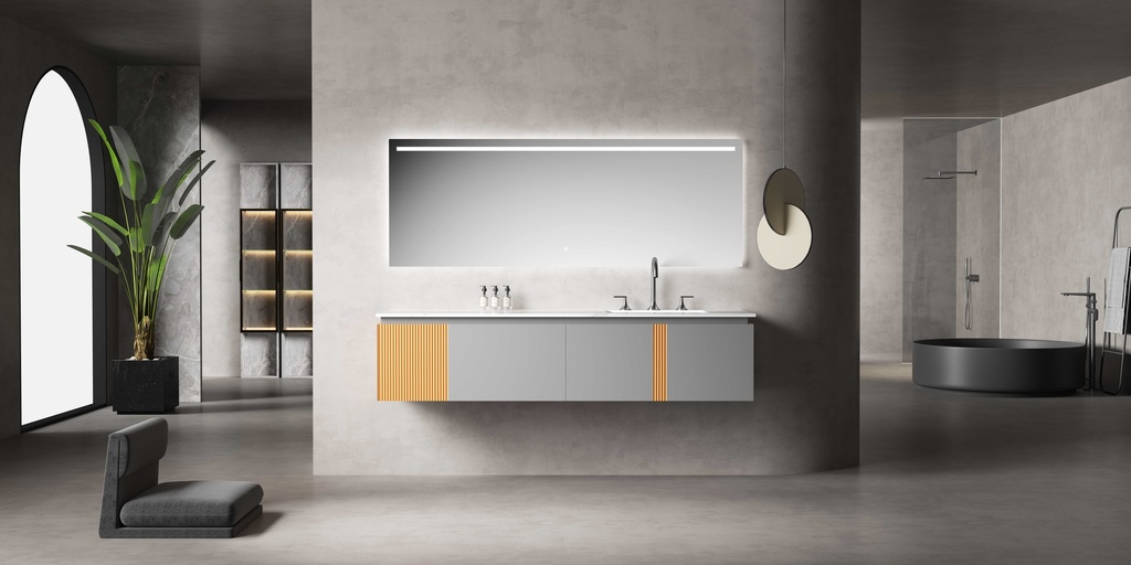 مغسلة دولاب خشب RR2044 PW حوض رمادي غامق + برتقالي 54*180 سم مع LED مراية