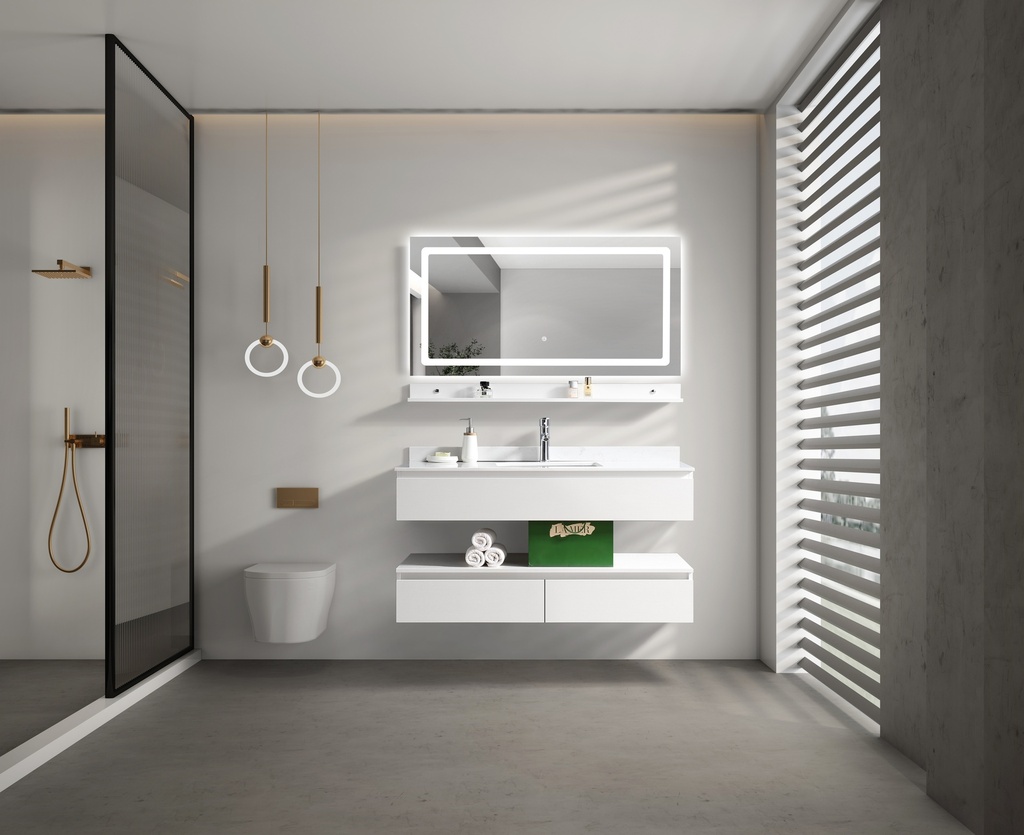 مغسلة دولاب خشب OS2320082  حوض لون ابيض  LED مراية  100 سم