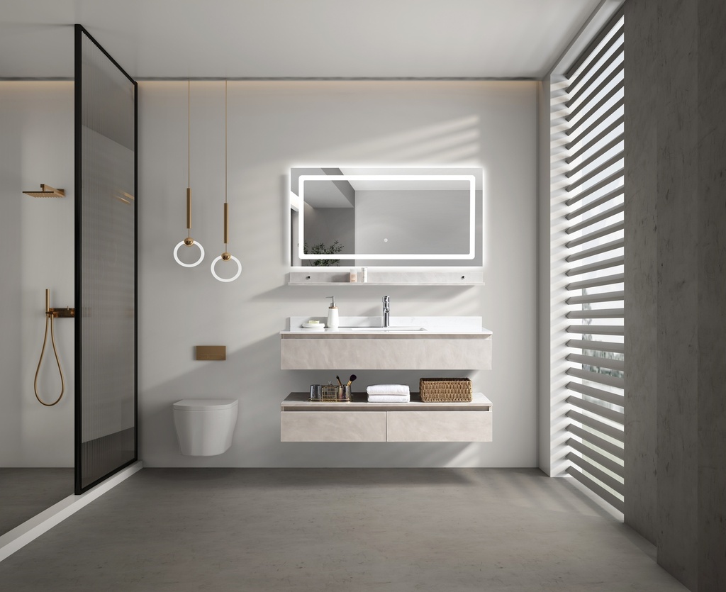 مغسلة دولاب خشب OS2320083  حوض لون بيج  LED مراية  100 سم