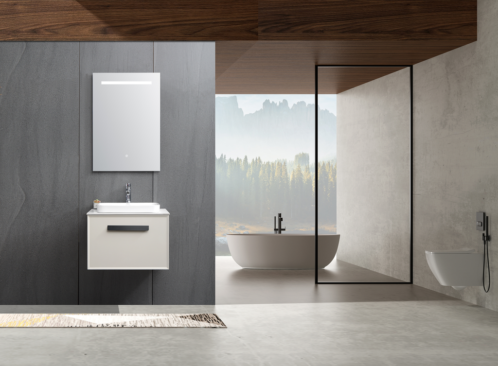 مغسلة خشب BMF OS90 صيني  رمادي فاتح مع رخام و حوض فوق 60 سم مع مراية LED