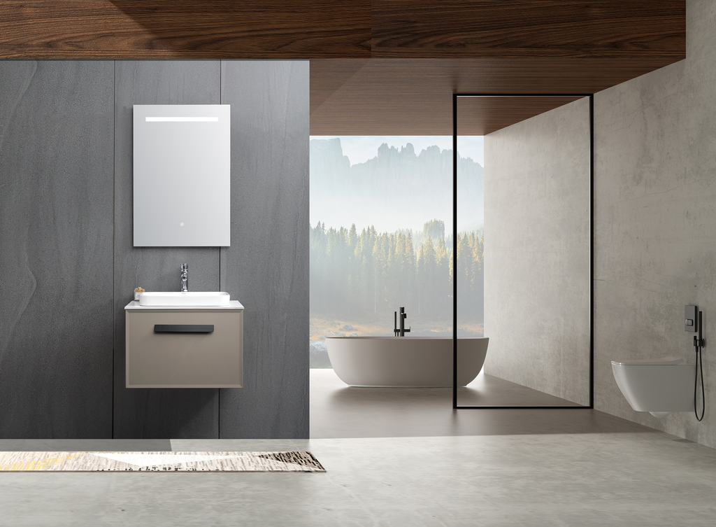 مغسلة خشب BMF OS91 صيني  رمادي غامق مع رخام و حوض فوق 60 سم مع مراية LED