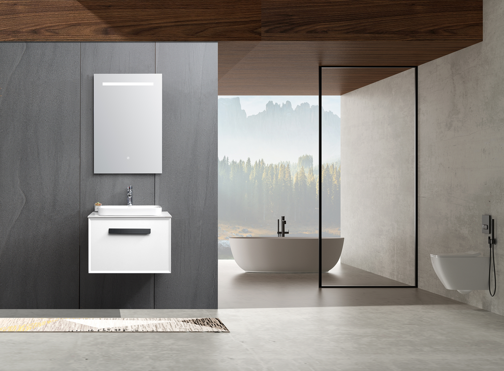 مغسلة خشب BMF OS92 صيني أبيض مع رخام و حوض فوق 60 سم مع مراية LED