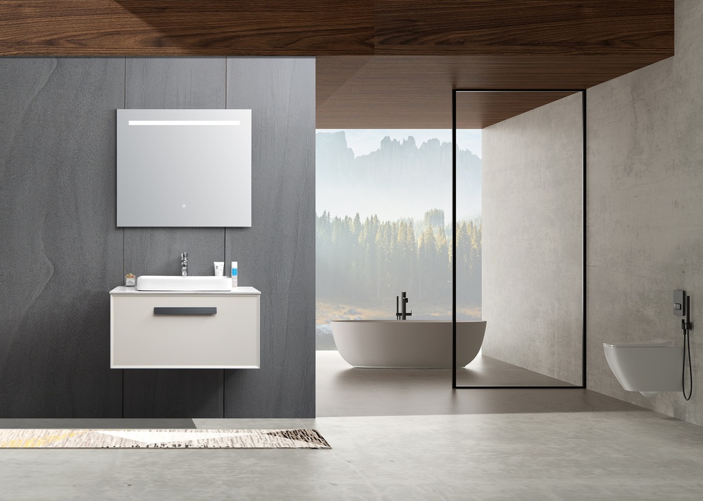 مغسلة خشب BMF OS93 صيني رمادي فاتح مع رخام و حوض فوق 80 سم مع مراية LED