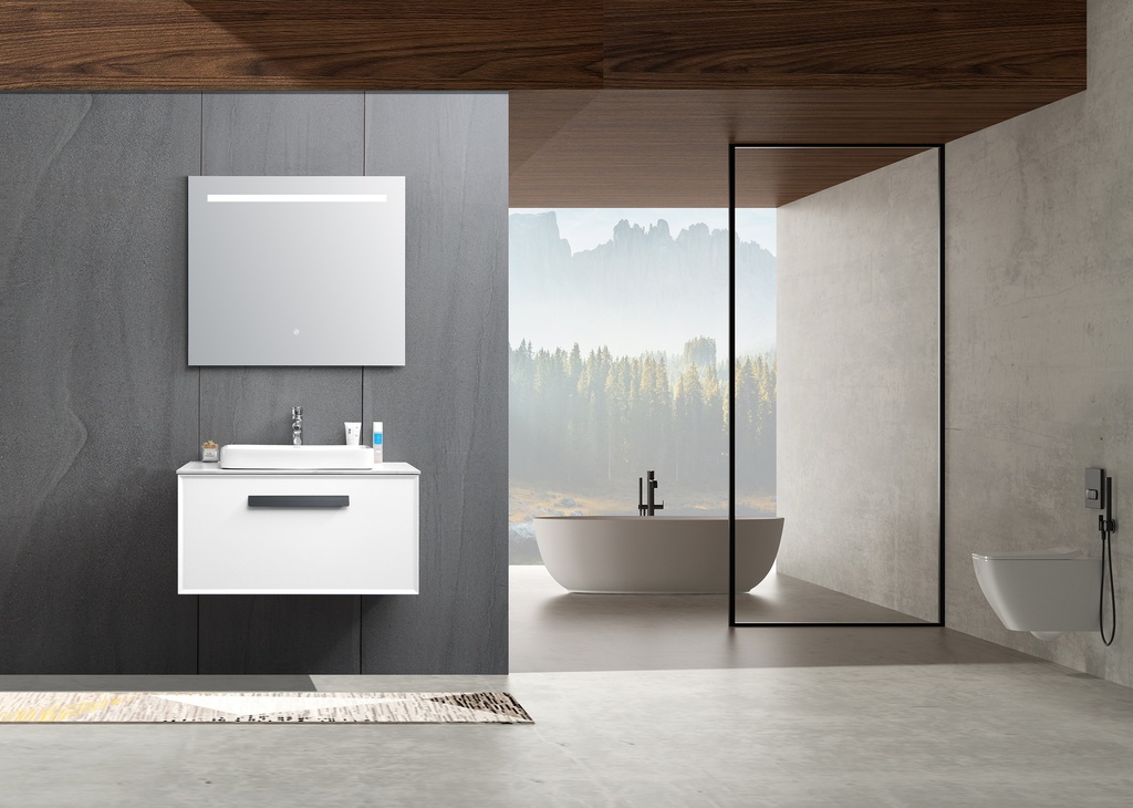 مغسلة خشب BMF OS95 صيني أبيض مع رخام و حوض فوق 80 سم مع مراية LED