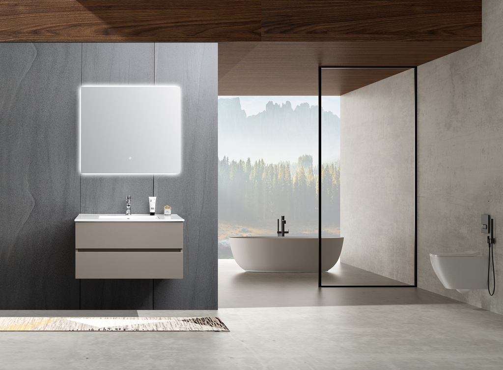 مغسلة خشب BMF OS100 صيني رمادي غامق مع حوض سيراميك 80 سم مع مراية LED