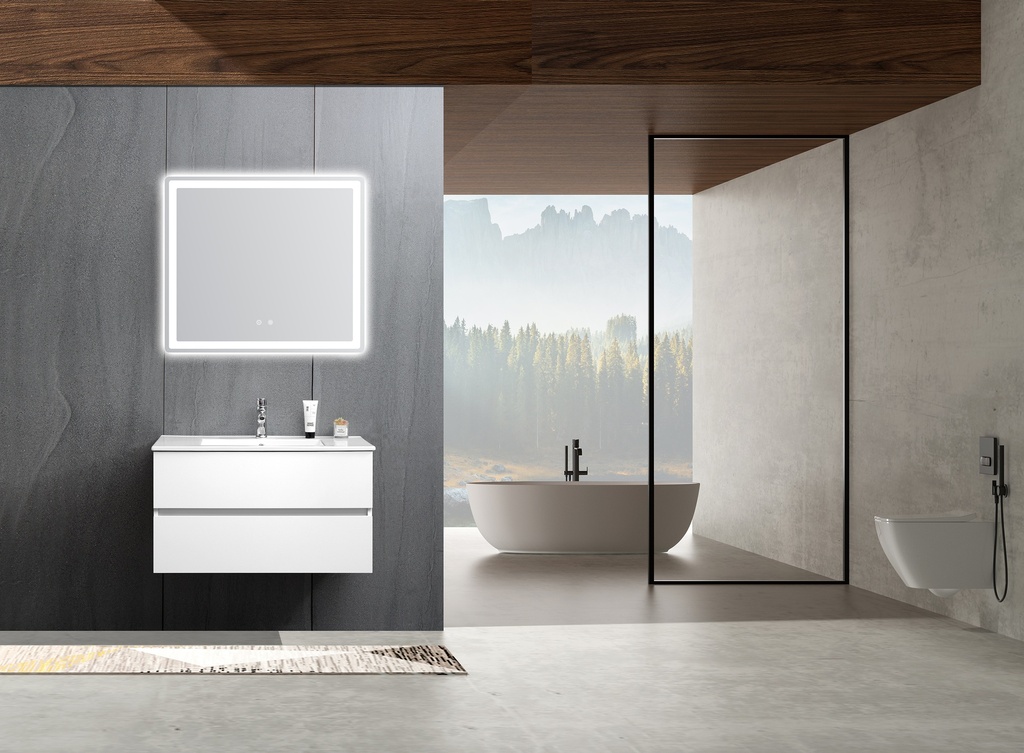 مغسلة خشب BMF OS101 صيني أبيض مع حوض سيراميك 80 سم مع مراية LED