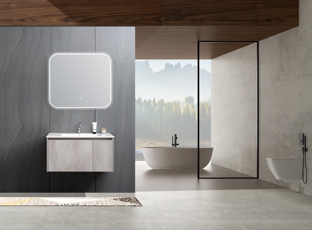 مغسلة خشب BMF OS102 صيني رمادي فاتح مع حوض سيراميك 80 سم مع مراية LED