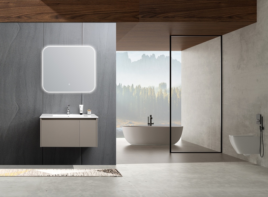 مغسلة خشب BMF OS103 صيني رمادي غامق مع حوض سيراميك 80 سم مع مراية LED