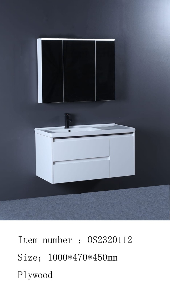 مغسلة دولاب خشب بيضاء  OS2320112  حوض لون أبيض لامع  LED مراية  100 سم