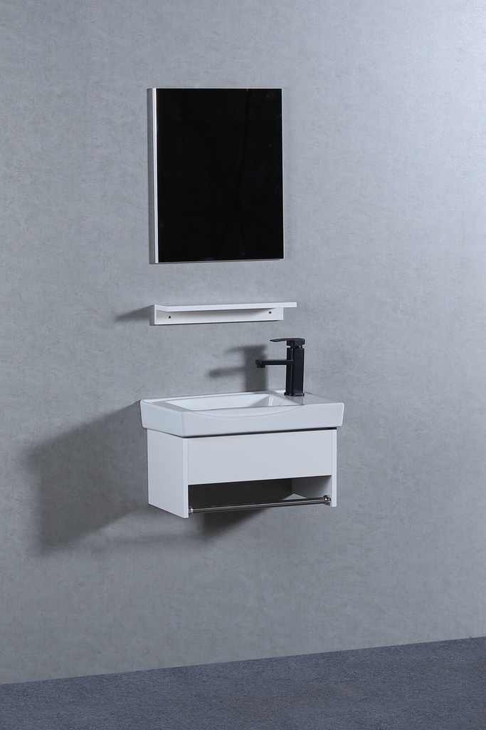 مغسله خشبي ميني تعليق OS2320116 حوض سراميك علاقه استيل مع مرايا  ورف 40*36 سم