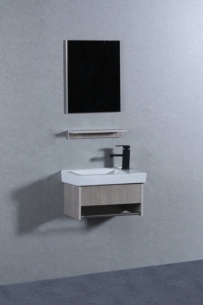 مغسله خشب ميني خشبي فاتح  تعليق OS2320120ض سراميك علاقه استيل مع مرايا  ورف 50*30سم