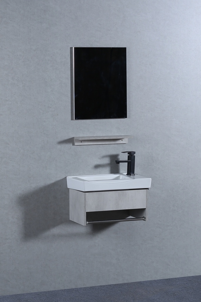 مغسله خشب ميني رمادي فاتح  تعليق OS2320121 حوض سراميك علاقه استيل مع مرايا  ورف 50*30سم