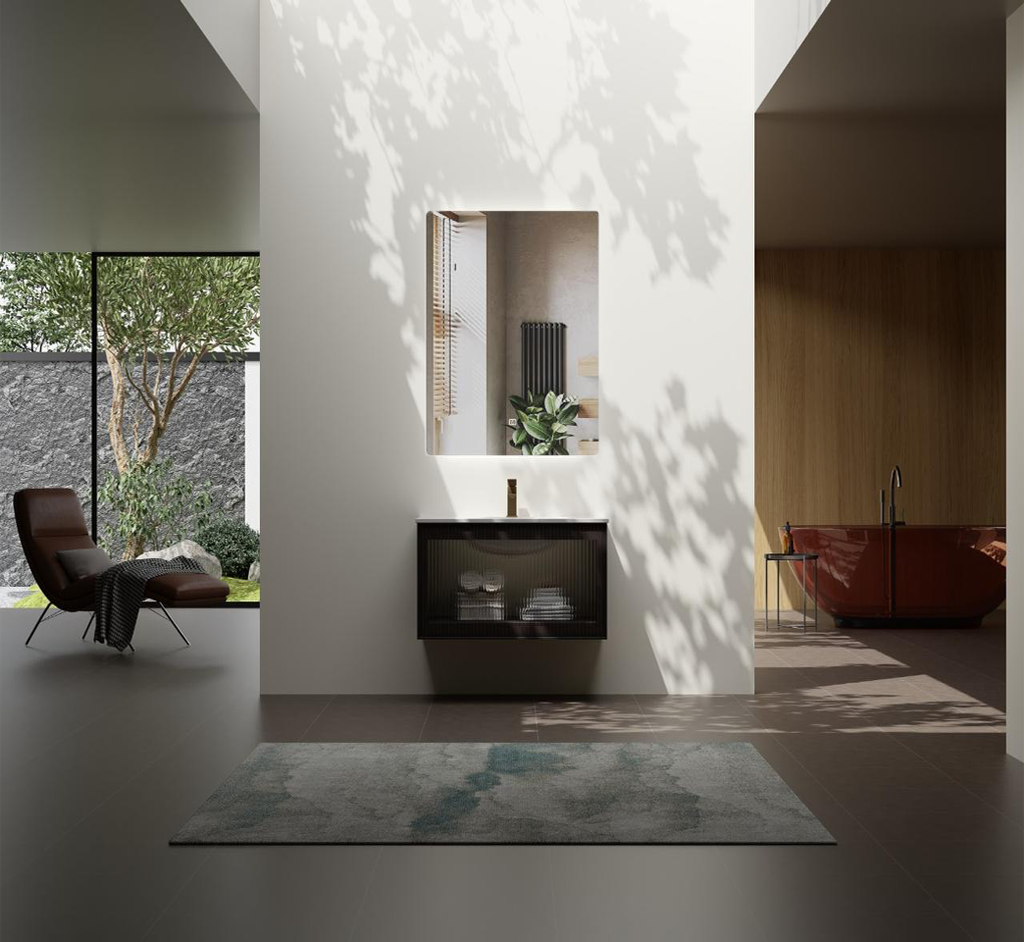 مغسلة خشب OS123 BMF صيني بني غامق حوض سيراميك مقاس 60 سم + مراية ليد 3 لون