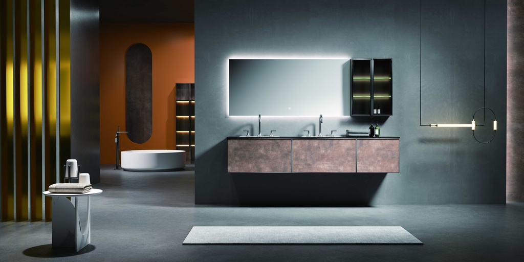 مغسلة دولاب خشب RR2042 PW حوضين اسود 52*200 سم مع LED مراية