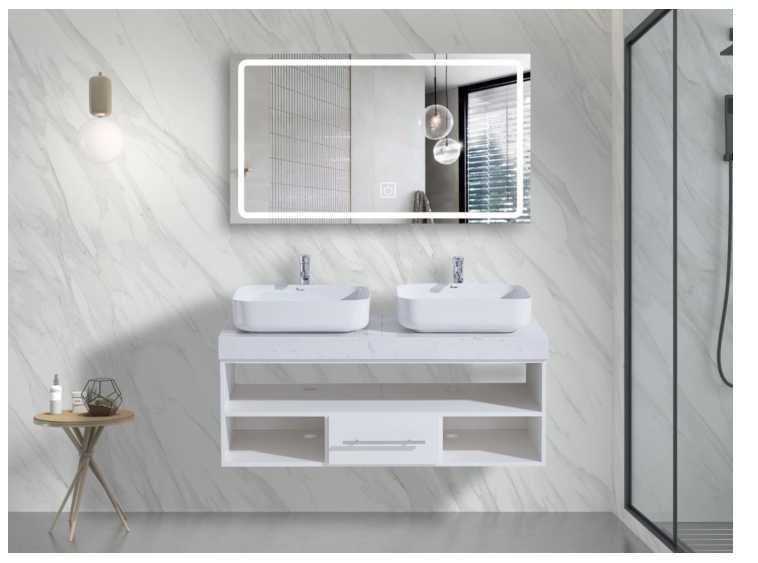 مغسلة خشب PLYWOOD حوضين  OS230552  ومراية ليد 120 سم