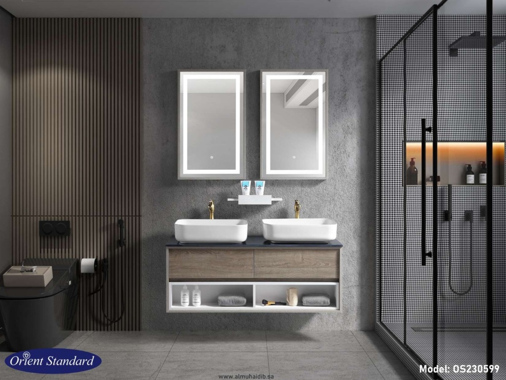 مغسلة دولاب خشب  موديل OS230599  ومراية ليد 120سم Color is white + light grey melamine