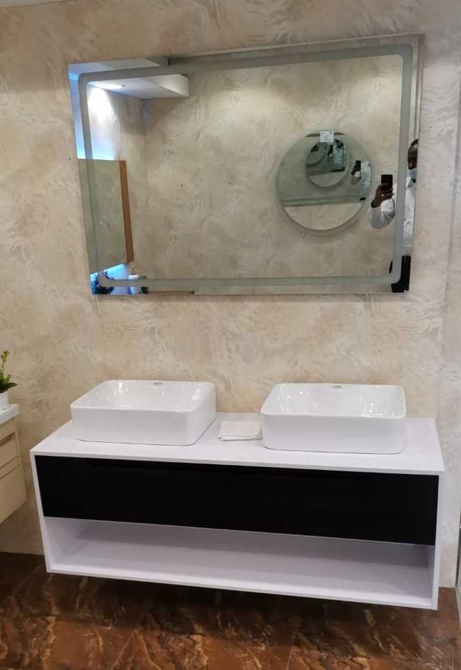 مغسلة خشب PLYWOOD حوضين  OS230643 لون أسود مع مراية ليد 140 سم