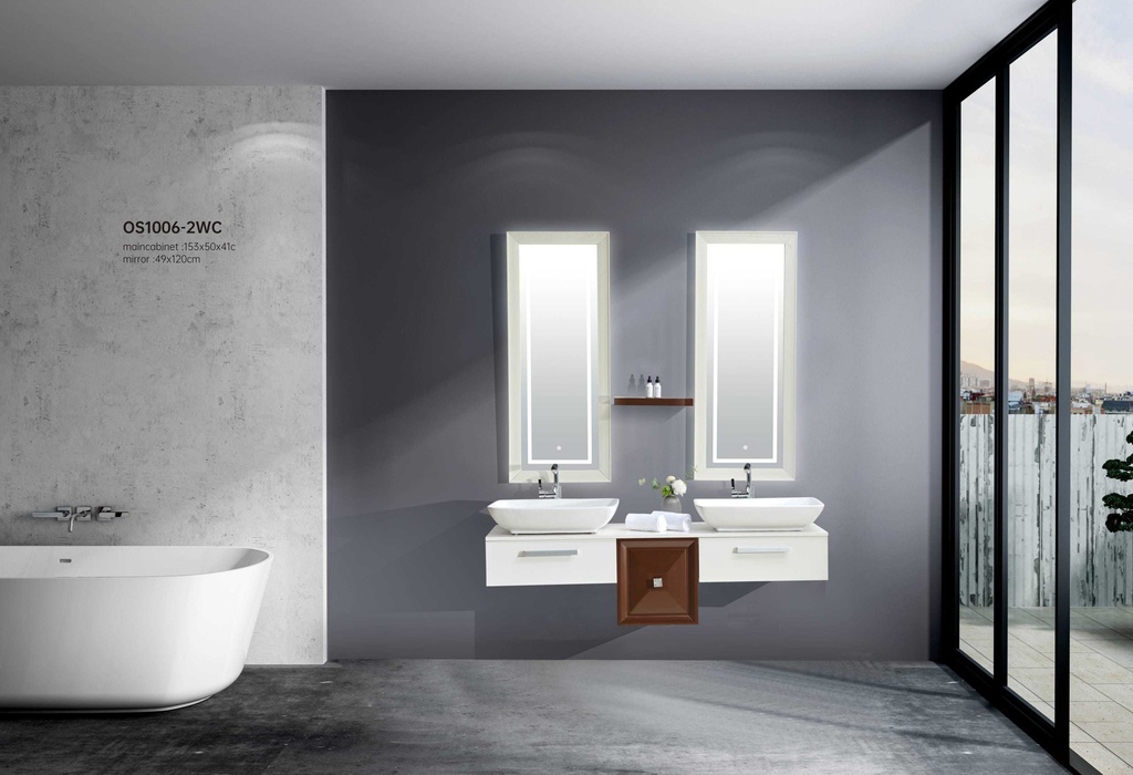 مغسلة خشب  OS1006 - 2WC حوضين ابيض + بني فاتح   مع مراية ليد