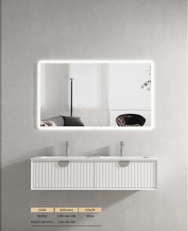 مغسلة دولاب خشب RR2023 PW  حوضين  ابيض LED مراية  70*120 سم