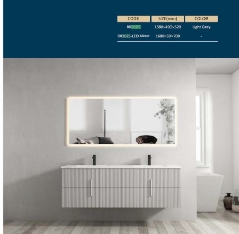 مغسلة دولاب خشب RR2025 PW  حوضين رمادي LED مراية  70*160 سم