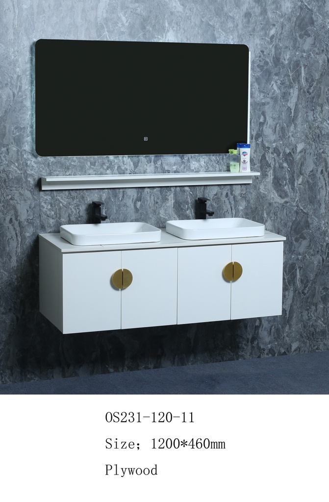 مغسلة خشب OS231-120-11 PW صيني ORIENT STANDARD ابيض (سطح رخام+حوض فوق+مراية 3 لون+رف)