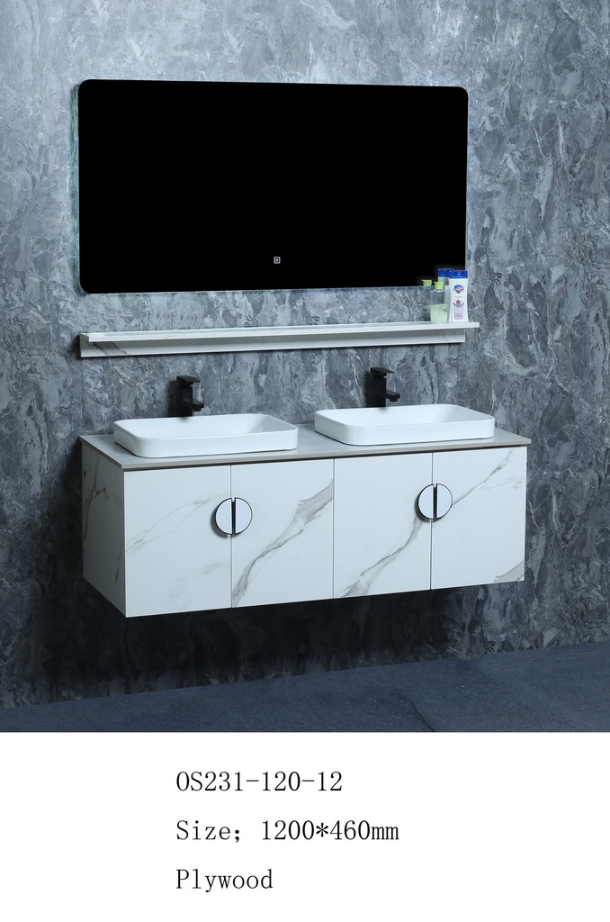 مغسلة خشب OS231-120-12 PW صيني ORIENT STANDARD ابيض رخامي (سطح رخام+حوض فوق+مراية 3 لون+رف)