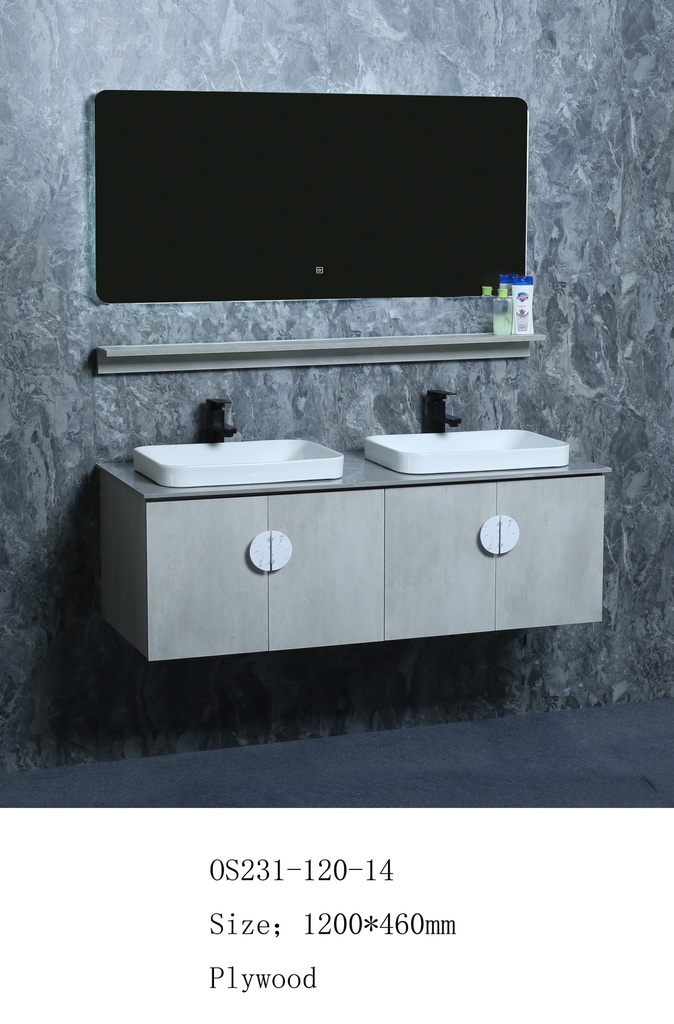 مغسلة خشب OS231-120-14 PW صيني ORIENT STANDARD رمادي (سطح رخام+حوض فوق+مراية 3 لون+رف)