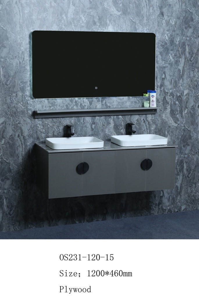 مغسلة خشب OS231-120-15 PW صيني ORIENT STANDARD رمادي لؤلؤي (سطح رخام+حوض فوق+مراية 3 لون+رف)