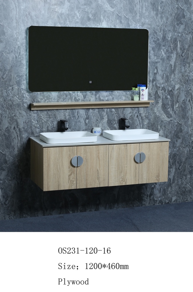 مغسلة خشب OS231-120-16 PW صيني ORIENT STANDARD خشبي فاتح (سطح رخام+حوض فوق+مراية 3 لون+رف)