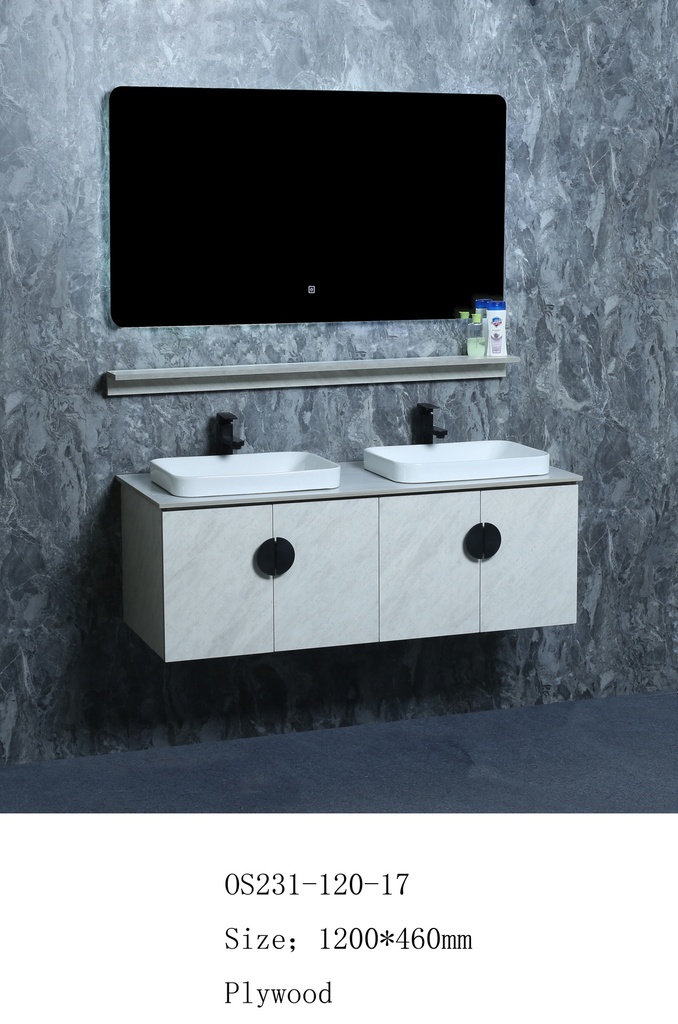 مغسلة خشب OS231-120-17 PW صيني ORIENT STANDARD ابيض رمادي (سطح رخام+حوض فوق+مراية 3 لون+رف)