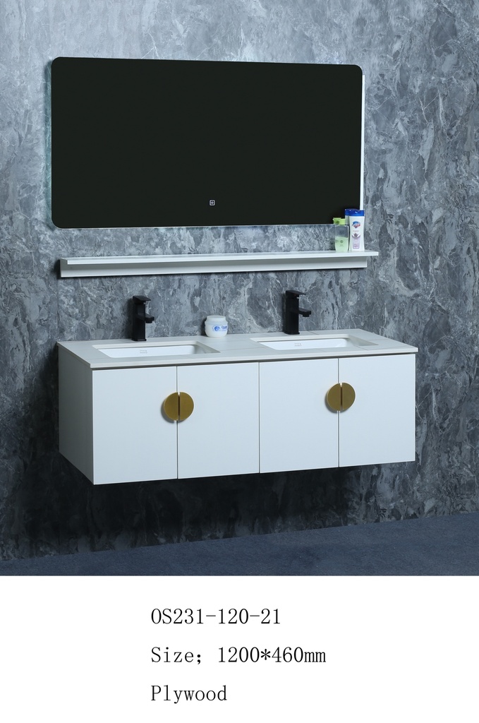 مغسلة خشب OS231-120-21 PW صيني ORIENT STANDARD ابيض (سطح رخام+حوض تحت+مراية 3 لون+رف)