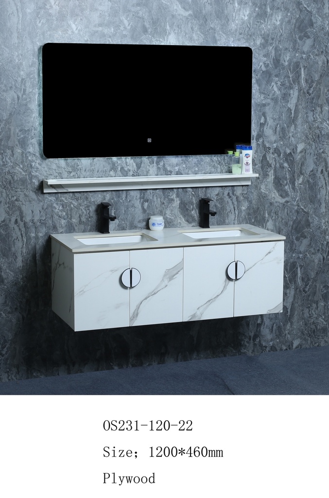 مغسلة خشب OS231-120-22 PW صيني ORIENT STANDARD ابيض رخامي (سطح رخام+حوض تحت+مراية 3 لون+رف)