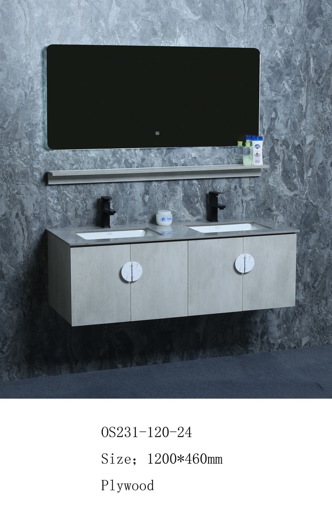 مغسلة خشب OS231-120-24 PW صيني ORIENT STANDARD رمادي (سطح رخام+حوض تحت+مراية 3 لون+رف)