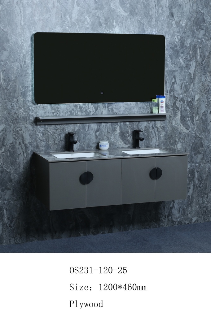 مغسلة خشب OS231-120-25 PW صيني ORIENT STANDARD رمادي لؤلؤي (سطح رخام+حوض تحت+مراية 3 لون+رف)