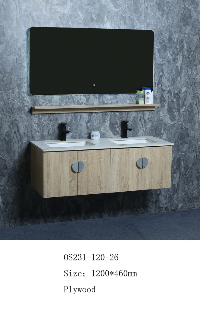 مغسلة خشب OS231-120-26 PW صيني ORIENT STANDARD خشبي فاتح (سطح رخام+حوض تحت+مراية 3 لون+رف)