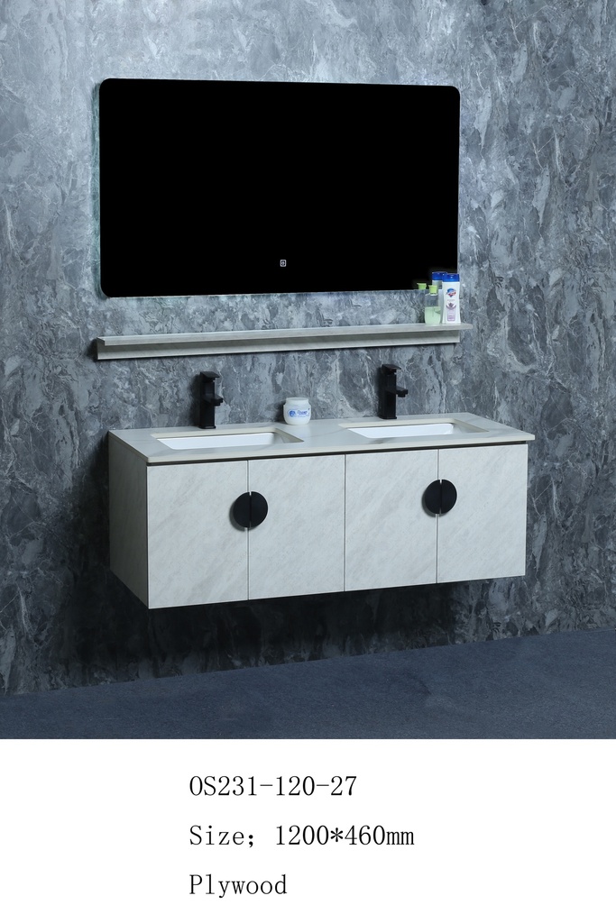 مغسلة خشب OS231-120-27 PW صيني ORIENT STANDARD ابيض رمادي (سطح رخام+حوض تحت+مراية 3 لون+رف)