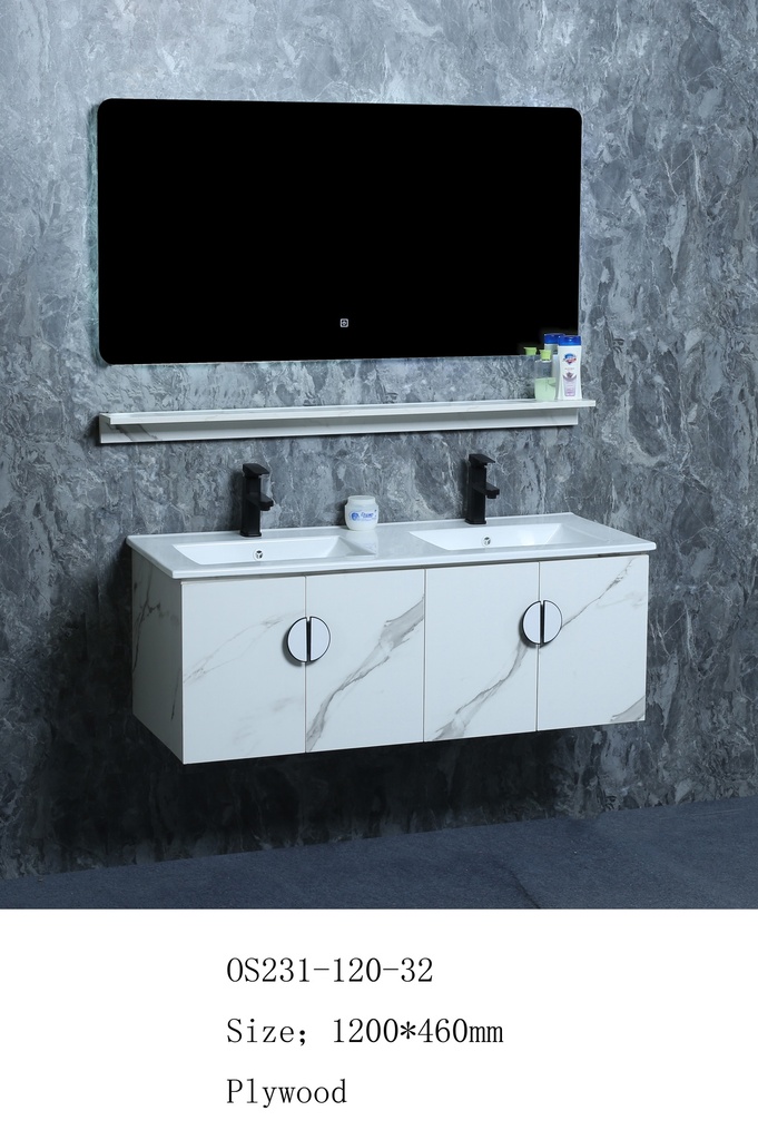 مغسلة خشب OS231-120-32 PW صيني ORIENT STANDARD ابيض رخامي (حوض سيراميك+مراية 3 لون+رف)
