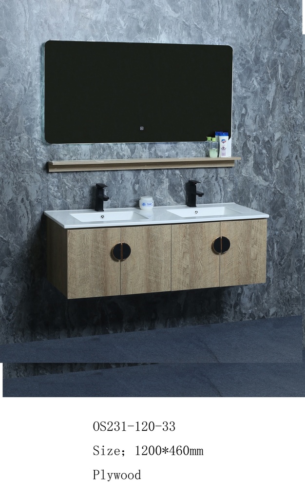 مغسلة خشب OS231-120-33 PW صيني ORIENT STANDARD خشبي (حوض سيراميك+مراية 3 لون+رف)