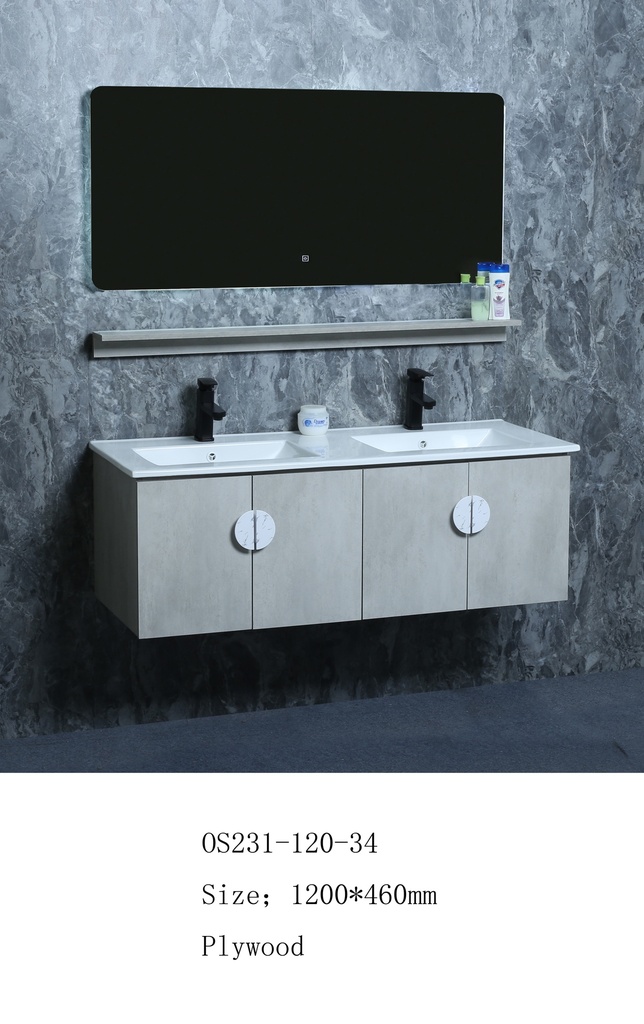 مغسلة خشب OS231-120-34 PW صيني ORIENT STANDARD رمادي (حوض سيراميك+مراية 3 لون+رف)