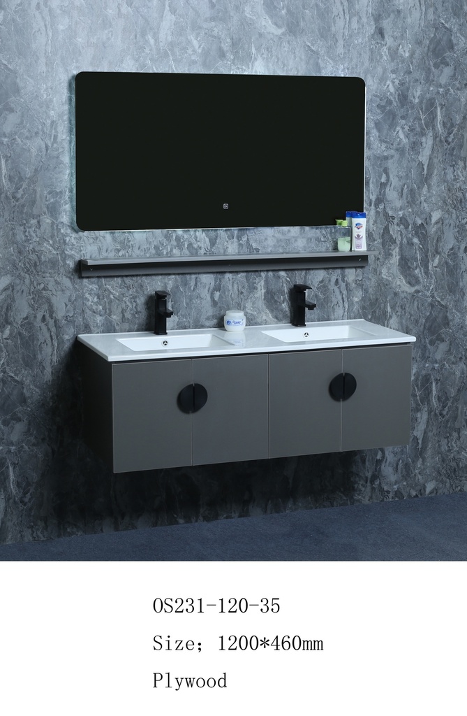 مغسلة خشب OS231-120-35 PW صيني ORIENT STANDARD رمادي لؤلؤي (حوض سيراميك+مراية 3 لون+رف)