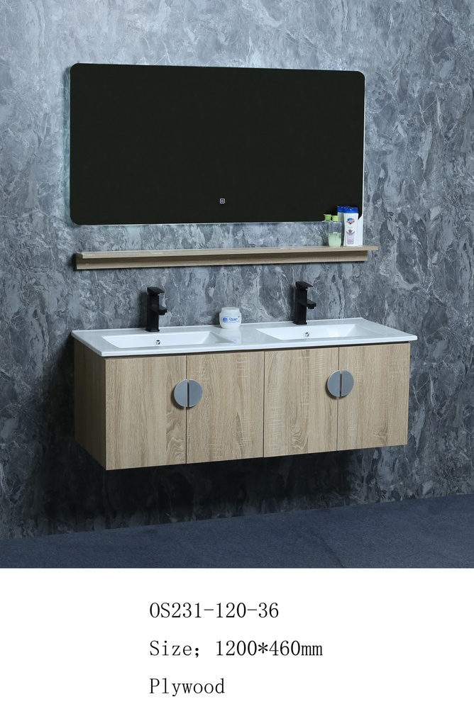 مغسلة خشب OS231-120-36 PW صيني ORIENT STANDARD خشبي فاتح (حوض سيراميك+مراية 3 لون+رف)