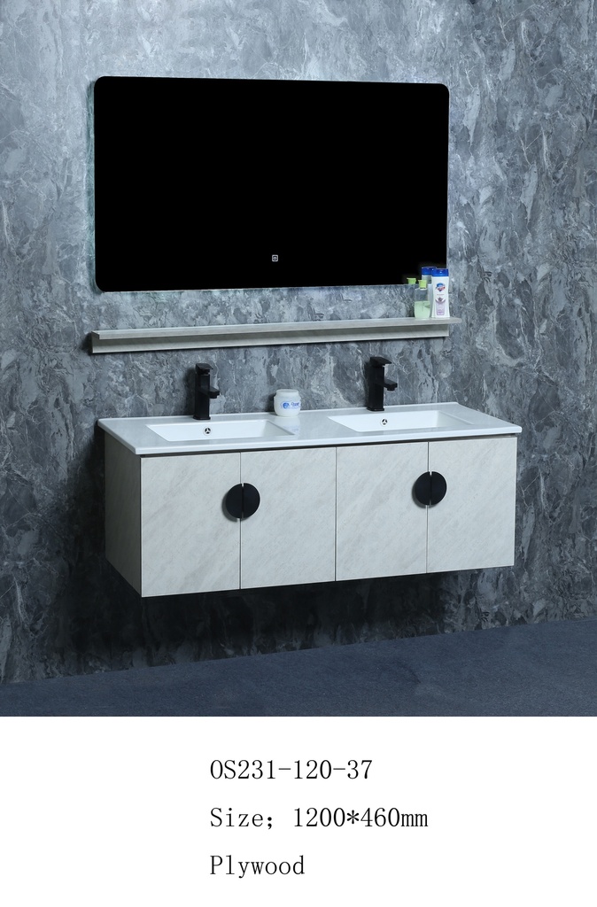 مغسلة خشب OS231-120-37 PW صيني ORIENT STANDARD ابيض رمادي (حوض سيراميك+مراية 3 لون+رف)