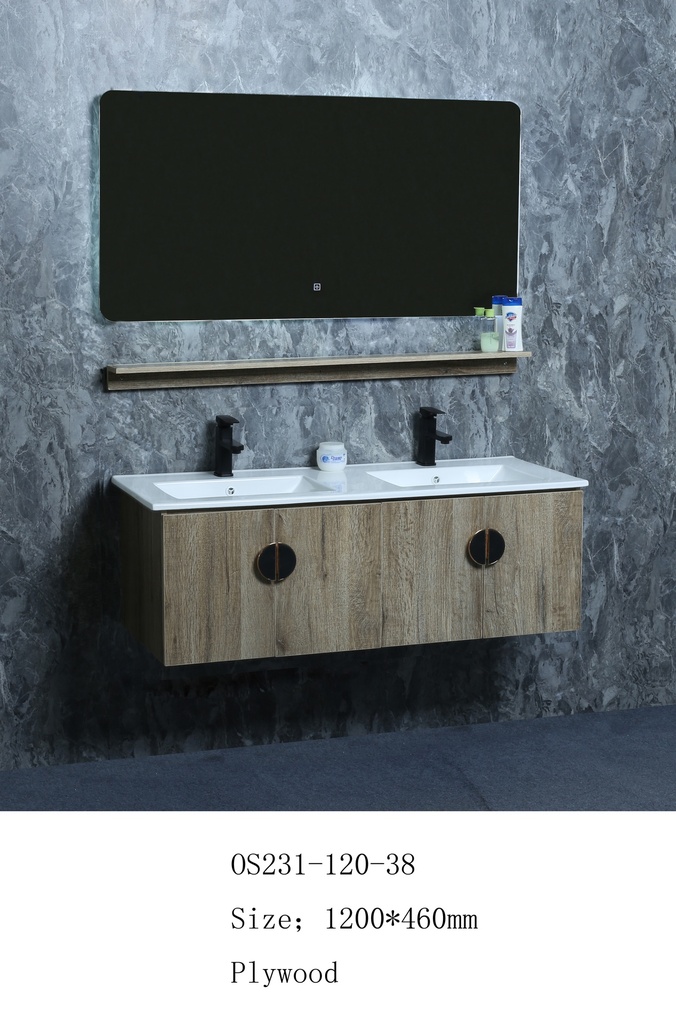 مغسلة خشب OS231-120-38 PW صيني ORIENT STANDARD خشبي (حوض سيراميك+مراية 3 لون+رف)