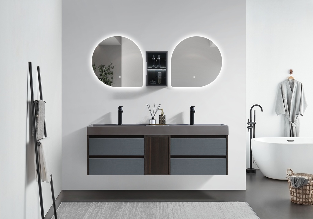 مغسلة دولاب خشب OS2320020  رمادي حوضين  مع   LED مراية  150 سم