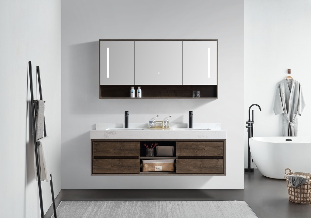 مغسلة دولاب خشب OS2320023  خشبي حوضين  مع   LED مراية  150 سم