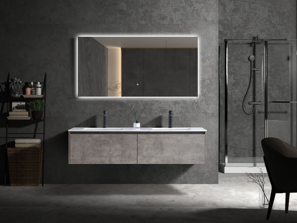 مغسلة دولاب خشب OS2320024  رمادي غامق حوضين  مع   LED مراية  150 سم