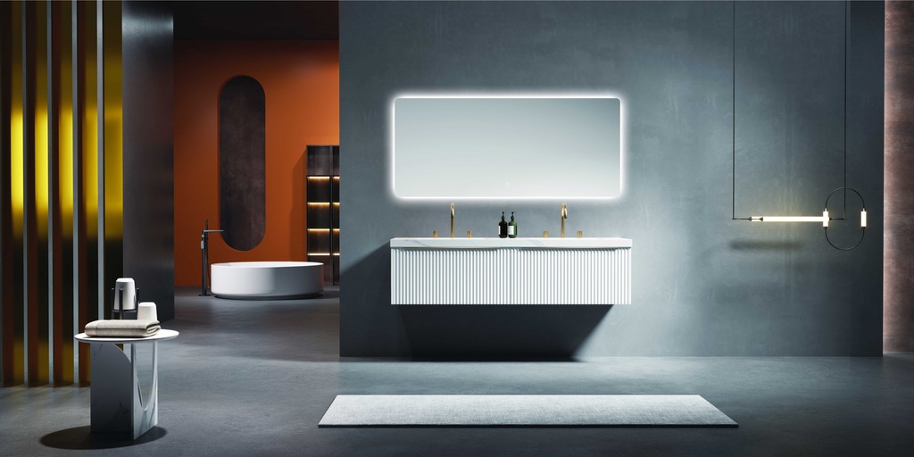 مغسلة دولاب خشب RR2046 PW حوضين أبيض 50*160 سم مع LED مراية