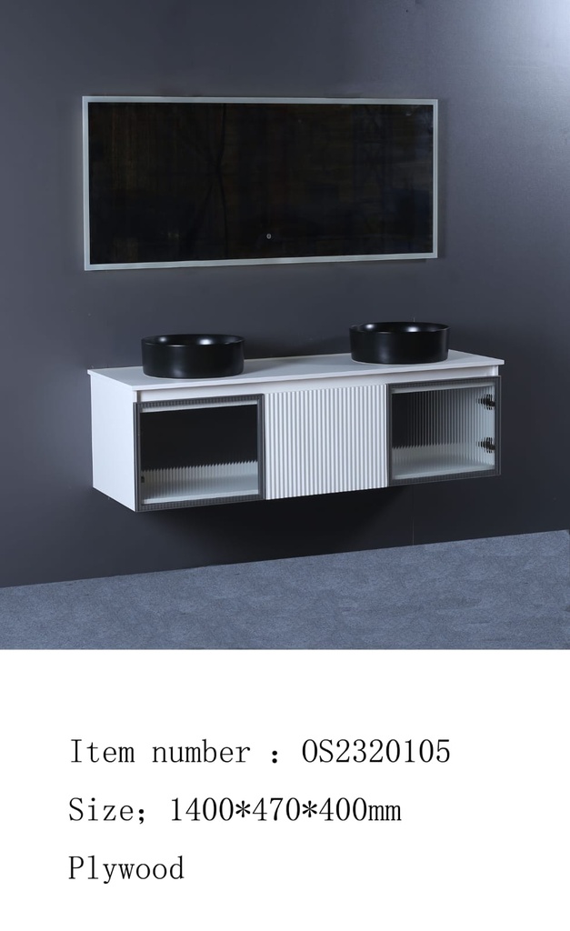 مغسلة دولاب خشب أبيض OS2320105  حوض لون أسود مطفي  LED مراية  140 سم